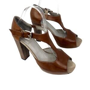 Brunello Cucinelli shoes 40 T-Strap peep toe heeled platform brown leather
